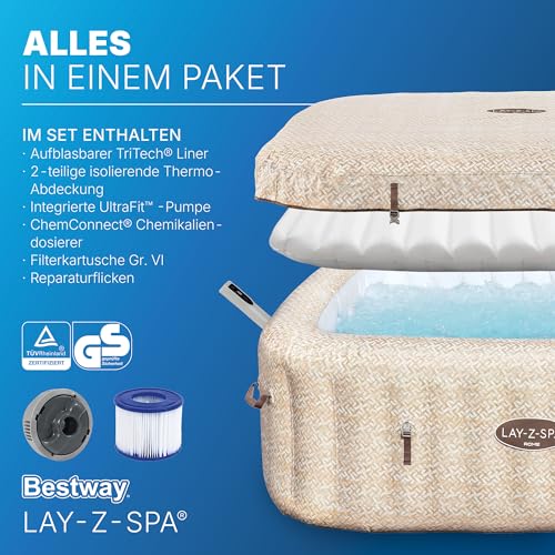 **Bestway Lay-Z-SPA Rome AirJet Whirlpool 7 Personen 201×201×71 cm | 180 Düsen, App-Steuerung, Thermo-Abdeckung, Sandmarmor-Optik**