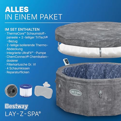 **Bestway Lay-Z-SPA Carrara AirJet Whirlpool 6 Personen Ø170×65 cm | Energiesparend, App-Steuerung, UltraFit-Pumpe, Dunkle Alabaster-Optik**