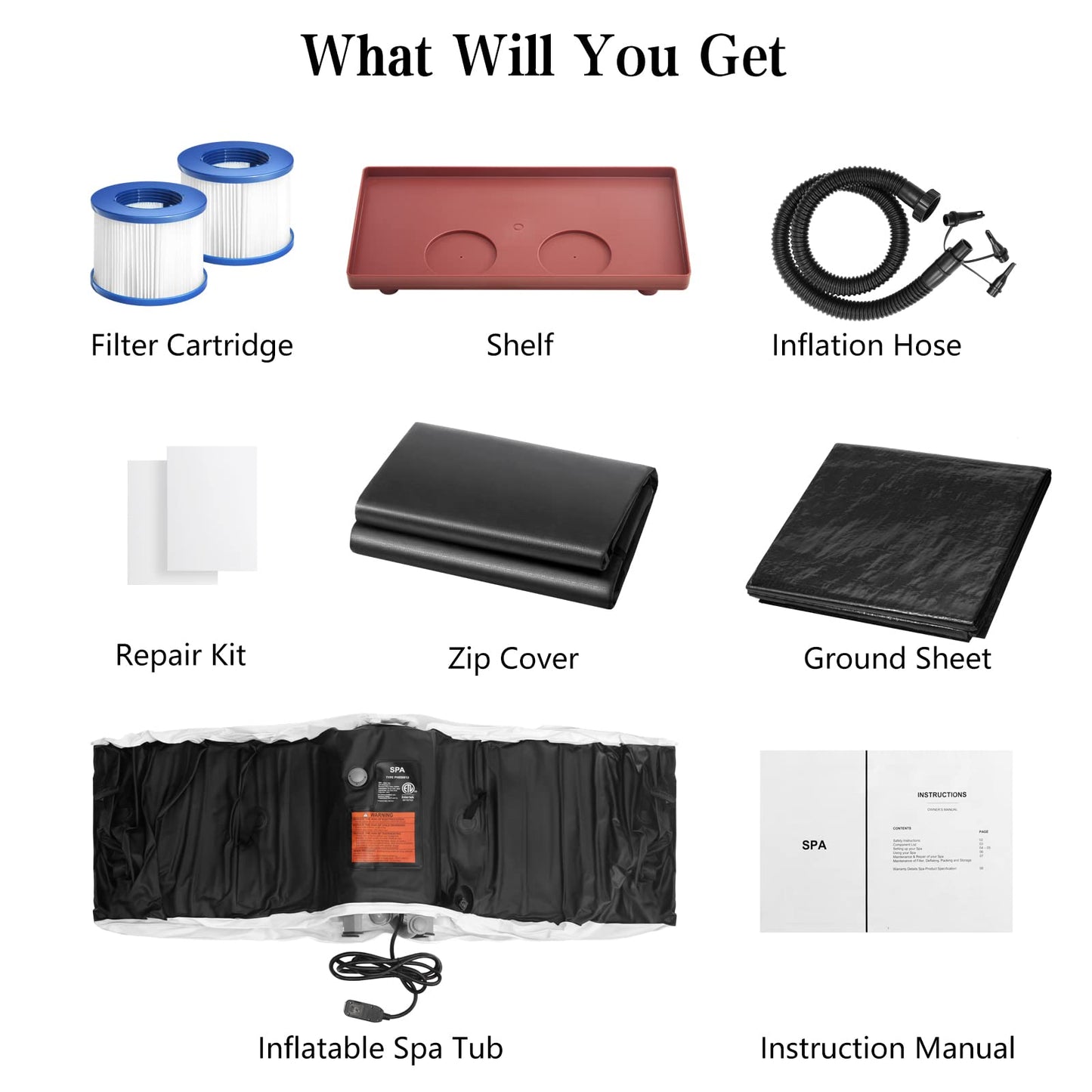 Edostory Hot Tub Aufblasbarer Tragbarer Ovaler Whirlpool Spa 2 Personen Whirlpool mit 90 Bubble Jets, Abdeckung, Filterkartuschen, Pumpe, Schwarz