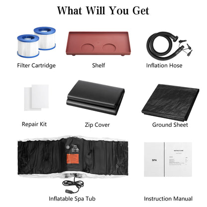 Edostory Hot Tub Aufblasbarer Tragbarer Ovaler Whirlpool Spa 2 Personen Whirlpool mit 90 Bubble Jets, Abdeckung, Filterkartuschen, Pumpe, Schwarz