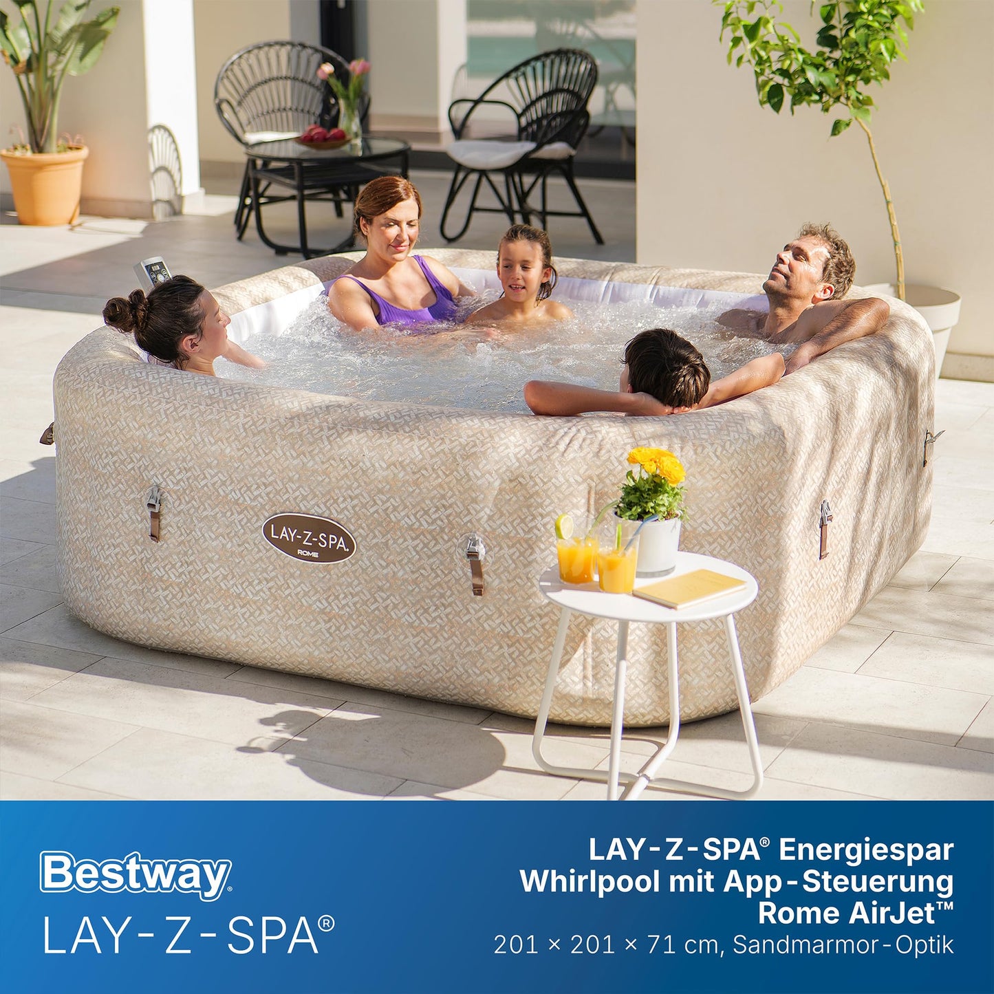 **Bestway Lay-Z-SPA Rome AirJet Whirlpool 7 Personen 201×201×71 cm | 180 Düsen, App-Steuerung, Thermo-Abdeckung, Sandmarmor-Optik**