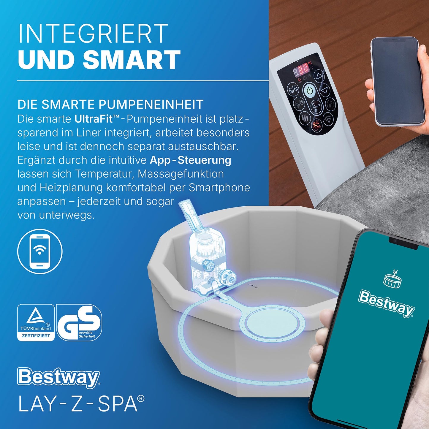 **Bestway Lay-Z-SPA Carrara AirJet Whirlpool 6 Personen Ø170×65 cm | Energiesparend, App-Steuerung, UltraFit-Pumpe, Dunkle Alabaster-Optik**