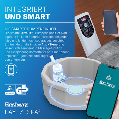 **Bestway Lay-Z-SPA Carrara AirJet Whirlpool 6 Personen Ø170×65 cm | Energiesparend, App-Steuerung, UltraFit-Pumpe, Dunkle Alabaster-Optik**