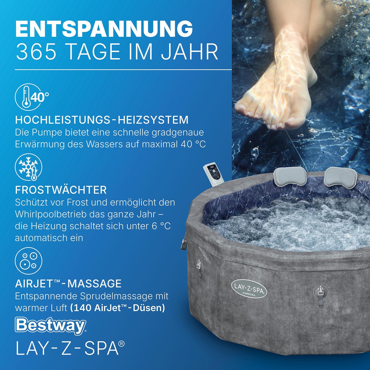 **Bestway Lay-Z-SPA Carrara AirJet Whirlpool 6 Personen Ø170×65 cm | Energiesparend, App-Steuerung, UltraFit-Pumpe, Dunkle Alabaster-Optik**