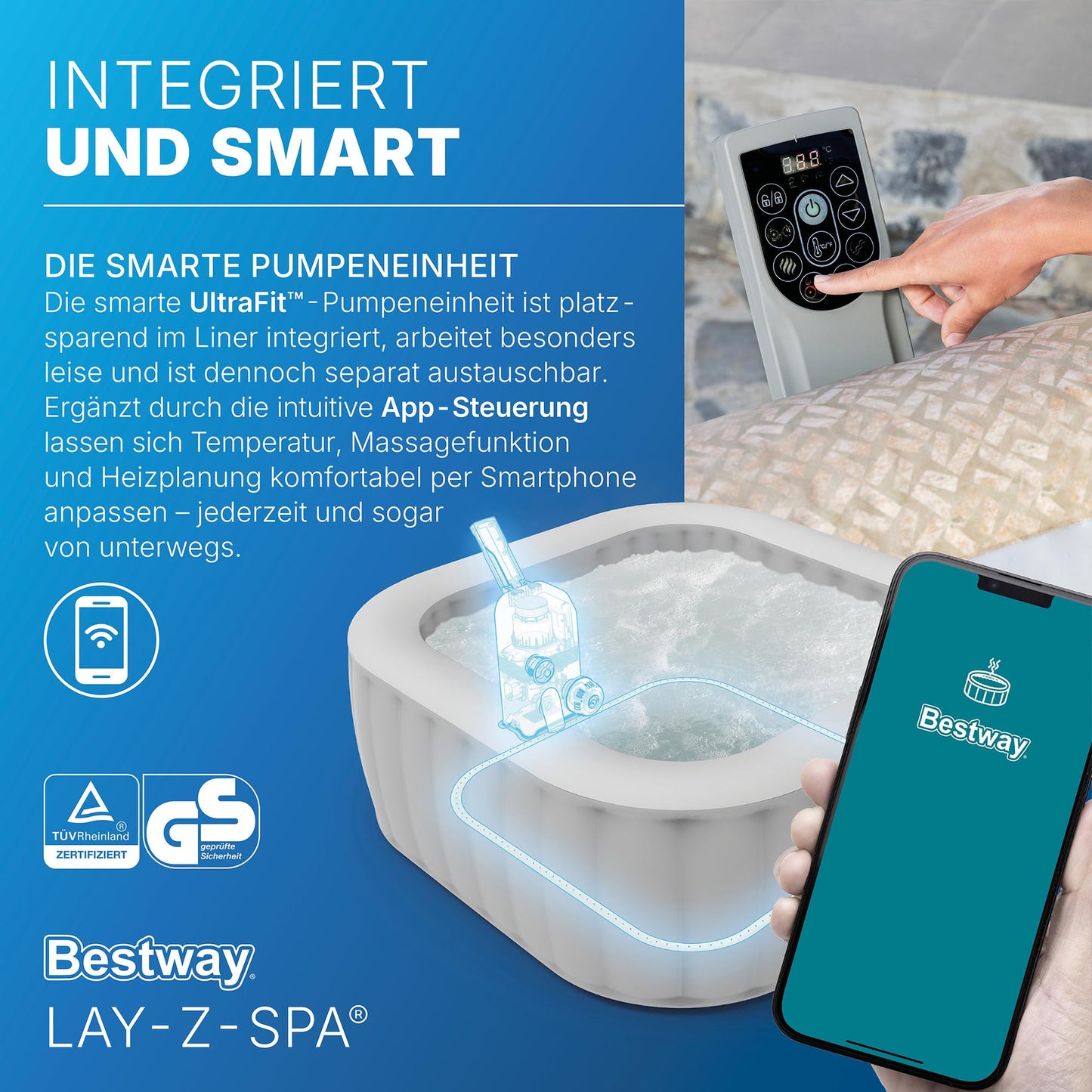 **Bestway Lay-Z-SPA Rome AirJet Whirlpool 7 Personen 201×201×71 cm | 180 Düsen, App-Steuerung, Thermo-Abdeckung, Sandmarmor-Optik**