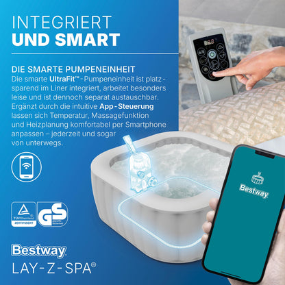 **Bestway Lay-Z-SPA Rome AirJet Whirlpool 7 Personen 201×201×71 cm | 180 Düsen, App-Steuerung, Thermo-Abdeckung, Sandmarmor-Optik**