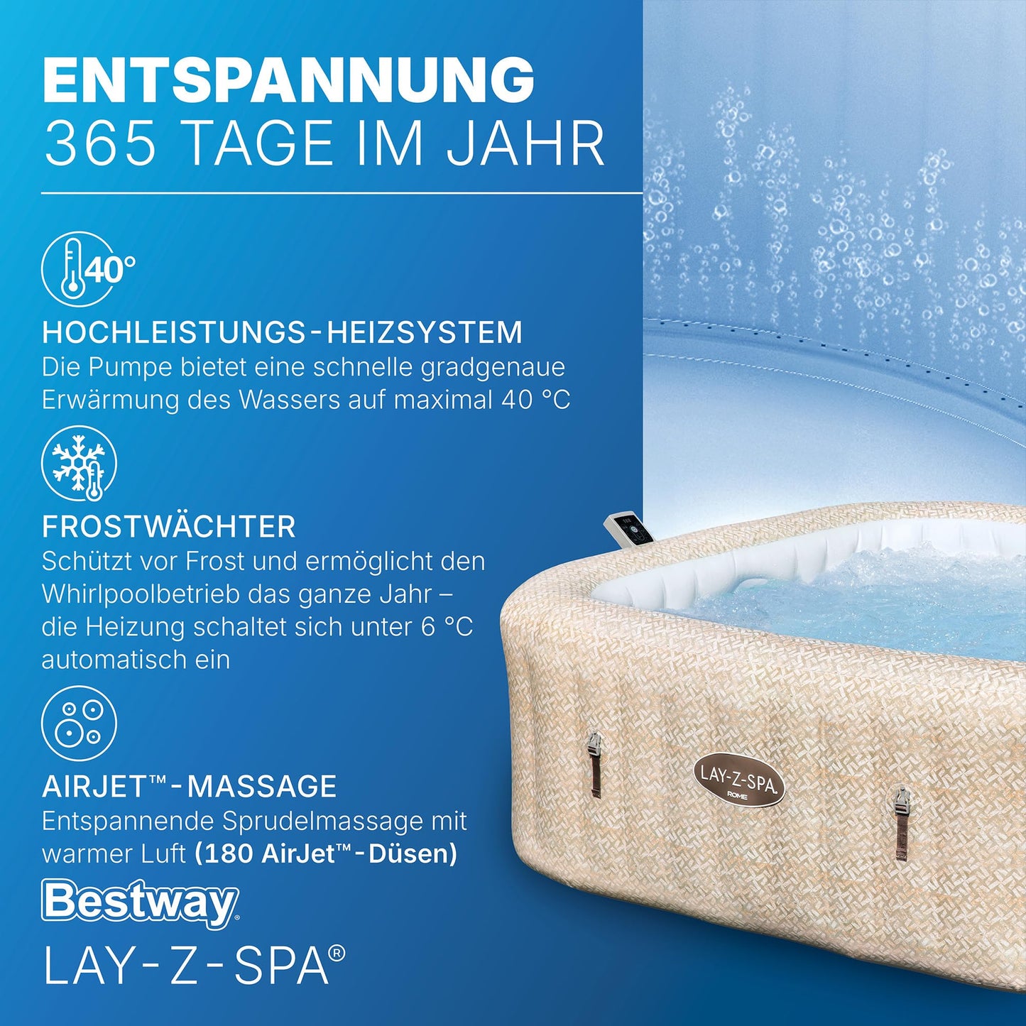 **Bestway Lay-Z-SPA Rome AirJet Whirlpool 7 Personen 201×201×71 cm | 180 Düsen, App-Steuerung, Thermo-Abdeckung, Sandmarmor-Optik**