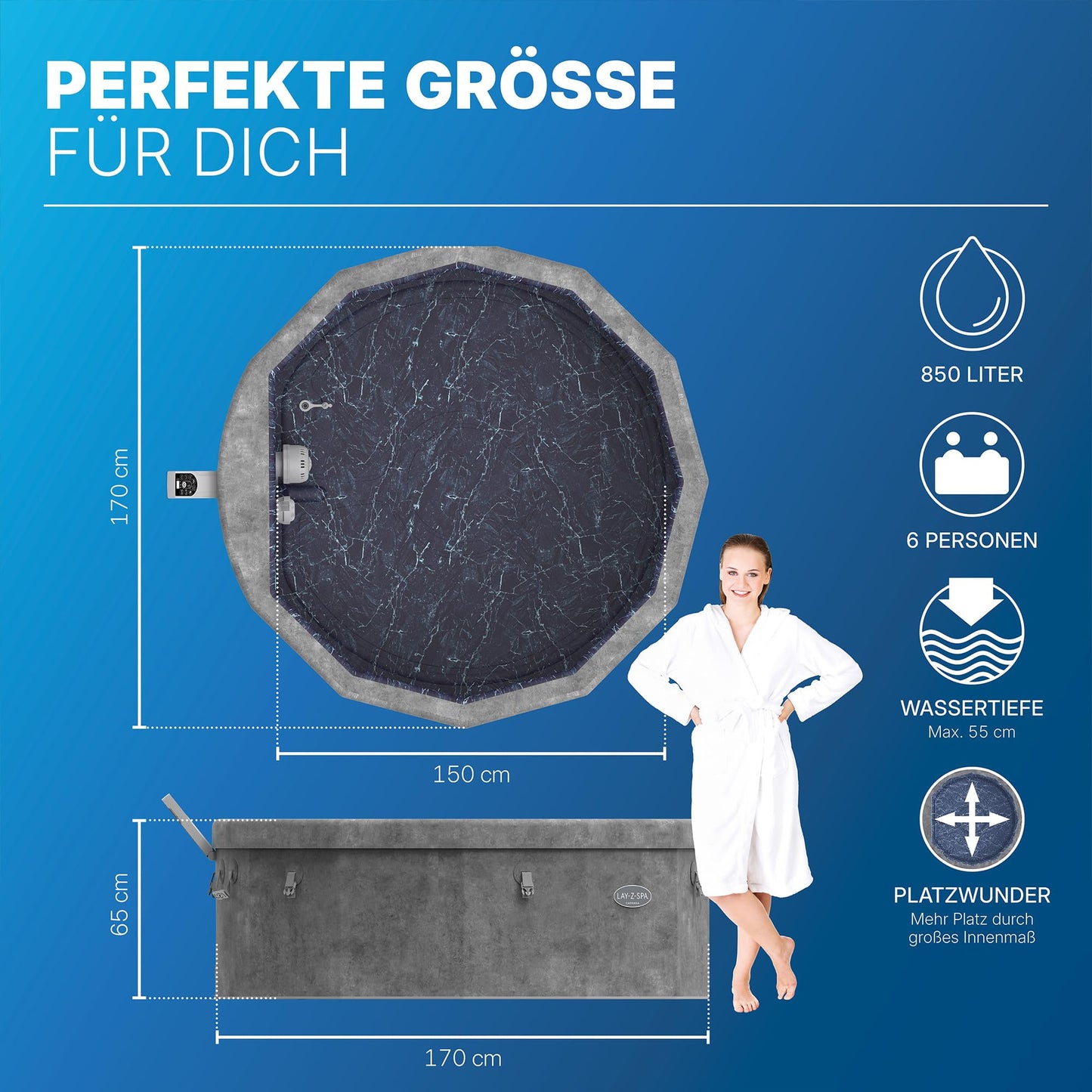 **Bestway Lay-Z-SPA Carrara AirJet Whirlpool 6 Personen Ø170×65 cm | Energiesparend, App-Steuerung, UltraFit-Pumpe, Dunkle Alabaster-Optik**
