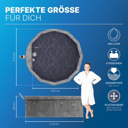 **Bestway Lay-Z-SPA Carrara AirJet Whirlpool 6 Personen Ø170×65 cm | Energiesparend, App-Steuerung, UltraFit-Pumpe, Dunkle Alabaster-Optik**