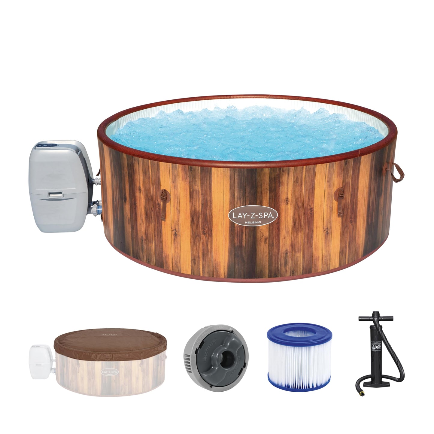 Bestway® LAY-Z-SPA® Whirlpool Helsinki AirJet Plus™ für 7 Personen, Ø 180 x 66 cm, Holz-Optik (Pinie)