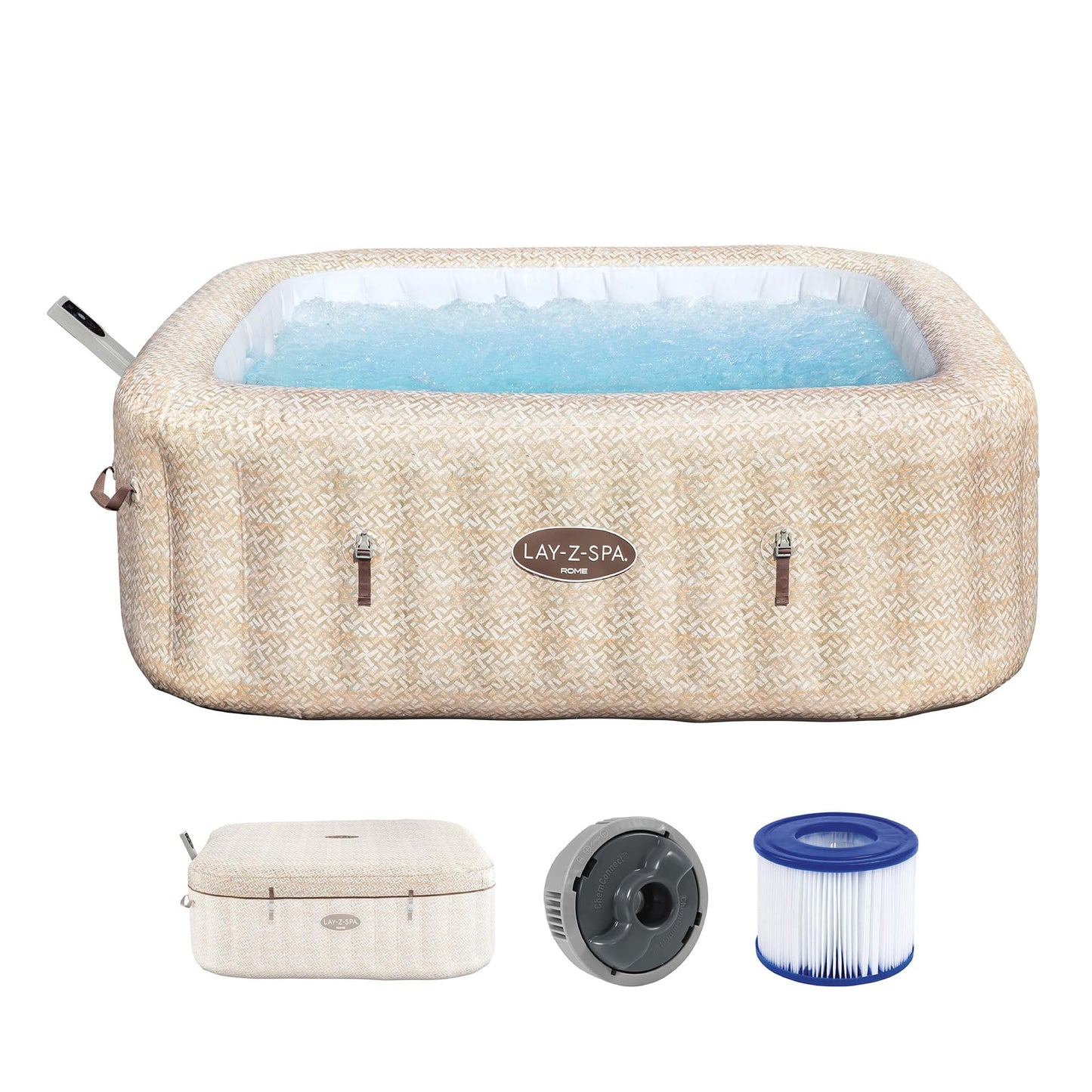 **Bestway Lay-Z-SPA Rome AirJet Whirlpool 7 Personen 201×201×71 cm | 180 Düsen, App-Steuerung, Thermo-Abdeckung, Sandmarmor-Optik**