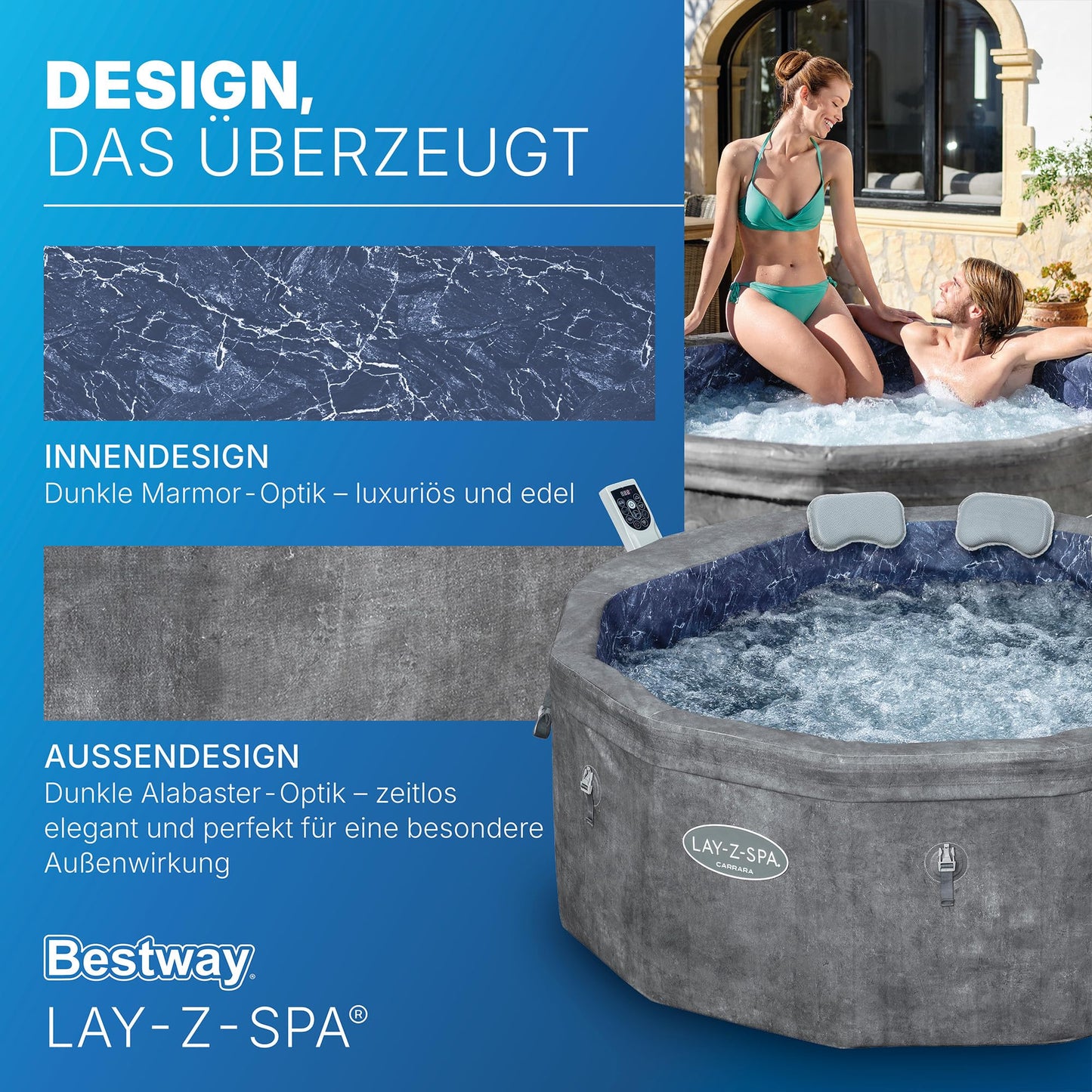 **Bestway Lay-Z-SPA Carrara AirJet Whirlpool 6 Personen Ø170×65 cm | Energiesparend, App-Steuerung, UltraFit-Pumpe, Dunkle Alabaster-Optik**