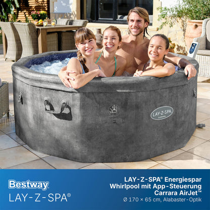 **Bestway Lay-Z-SPA Carrara AirJet Whirlpool 6 Personen Ø170×65 cm | Energiesparend, App-Steuerung, UltraFit-Pumpe, Dunkle Alabaster-Optik**