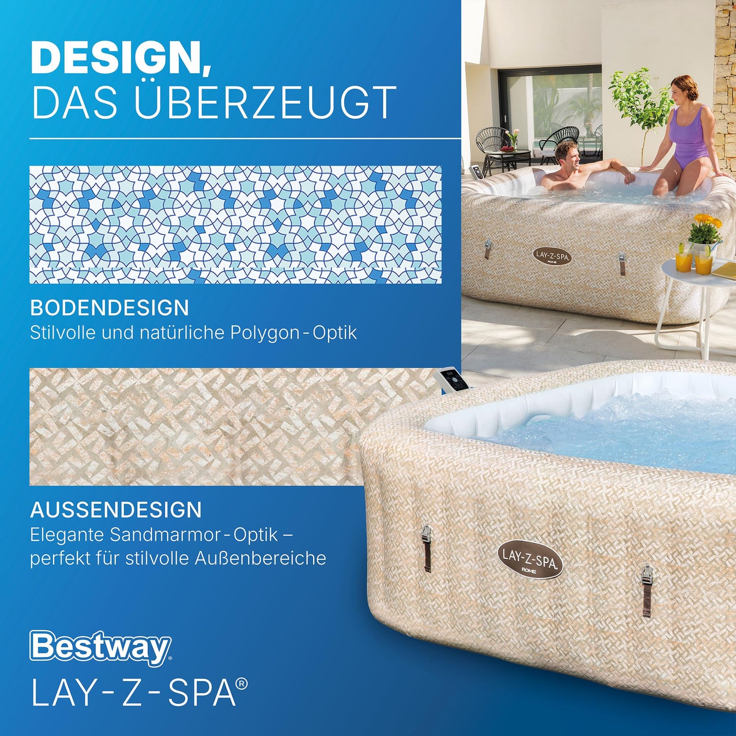 **Bestway Lay-Z-SPA Rome AirJet Whirlpool 7 Personen 201×201×71 cm | 180 Düsen, App-Steuerung, Thermo-Abdeckung, Sandmarmor-Optik**